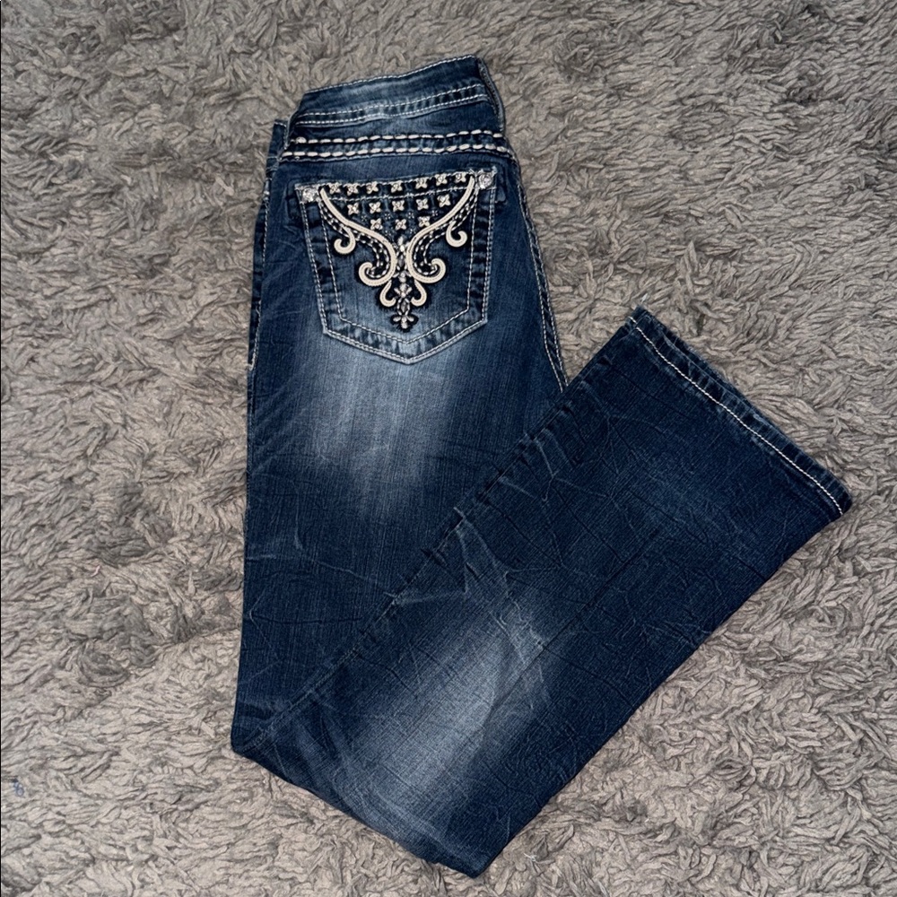 Miss Me Dark Blue Boot Cut Jeans with Embellished Pocket